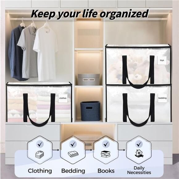 8 Pack Extra Large Heavy Duty Moving Bags, Clear Storage Bins with Lids, - Picture 7 of 8